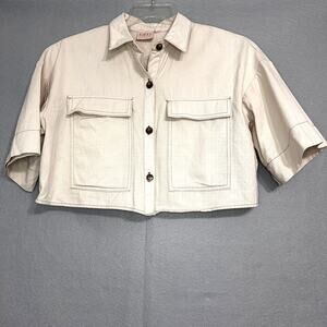 GLG Women's Cropped Shirt Jacket Size L Pleated Back Classic Preppy Minimalist